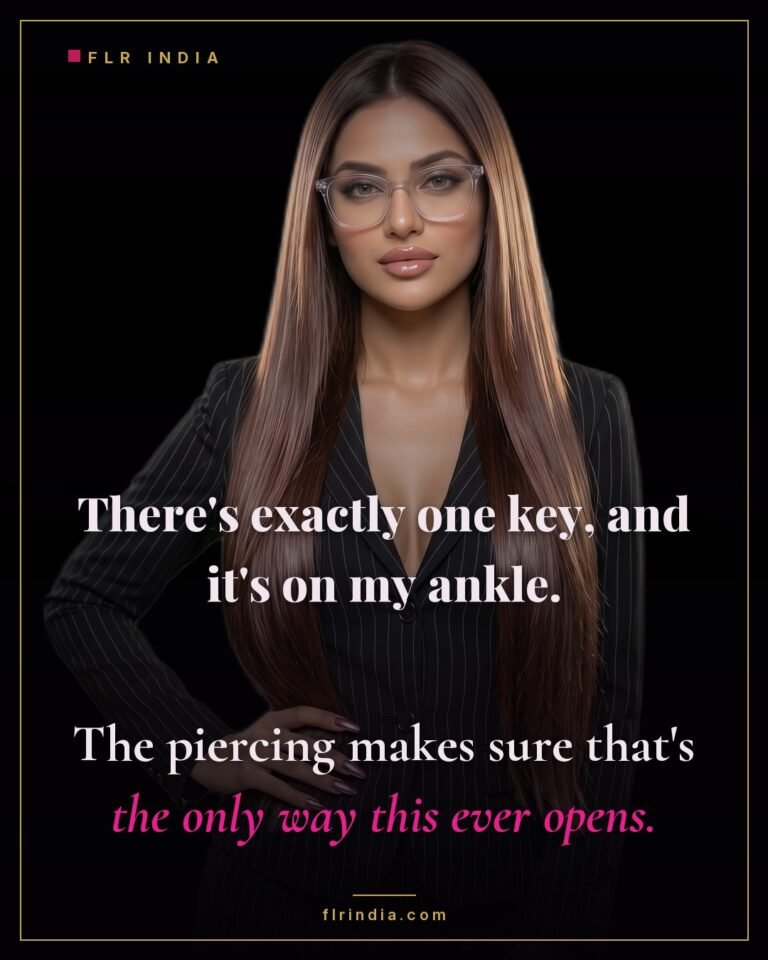 Prince Albert chastity caption — keyholder wife holds the single key; the piercing makes it the only way the cage opens.