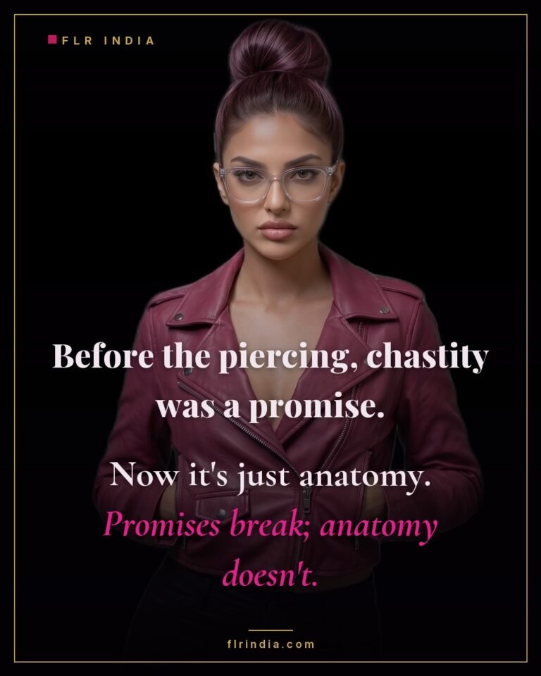 Prince Albert chastity caption — wife reframes the pierced-in cage as anatomy, not a breakable promise.