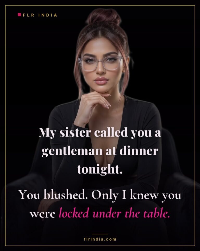 Chastity caption — praised as a gentleman at dinner while secretly locked in chastity under the table.