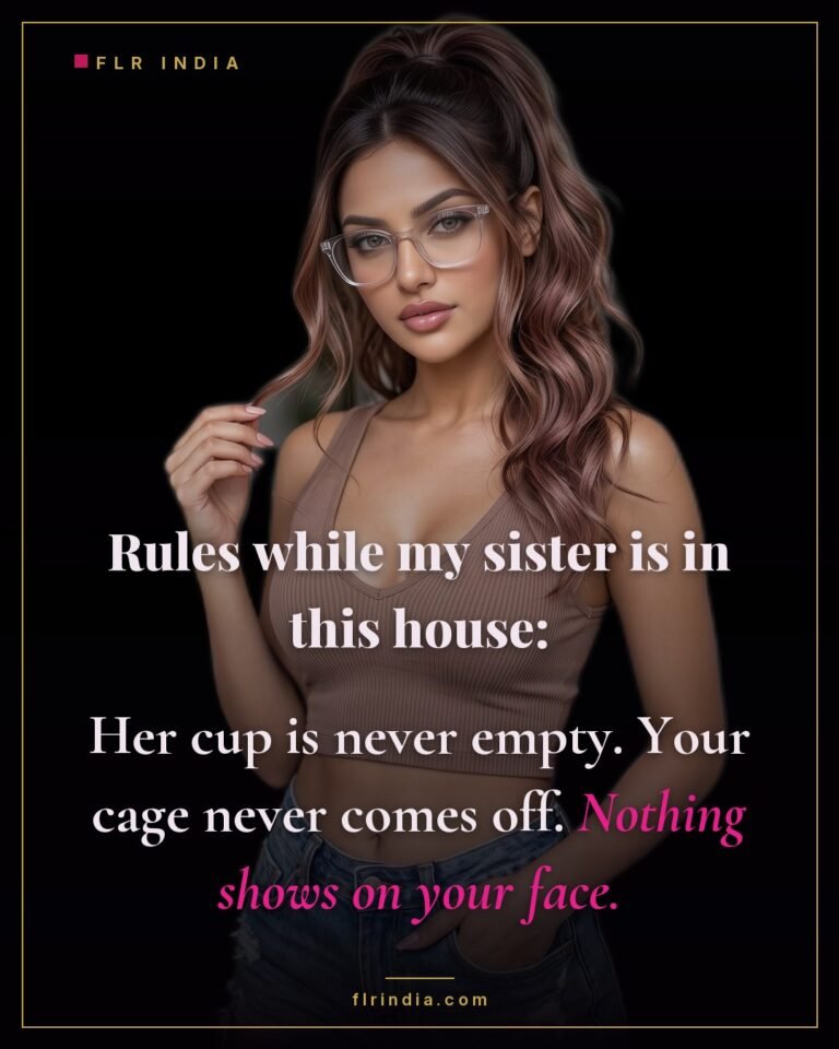 Femdom caption — a wife's strict rules for her locked husband during her sister's stay.