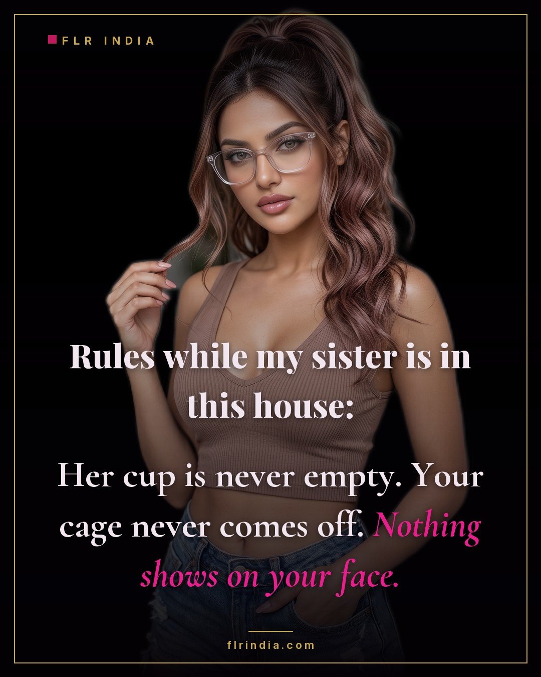 Femdom caption — a wife's strict rules for her locked husband during her sister's stay.