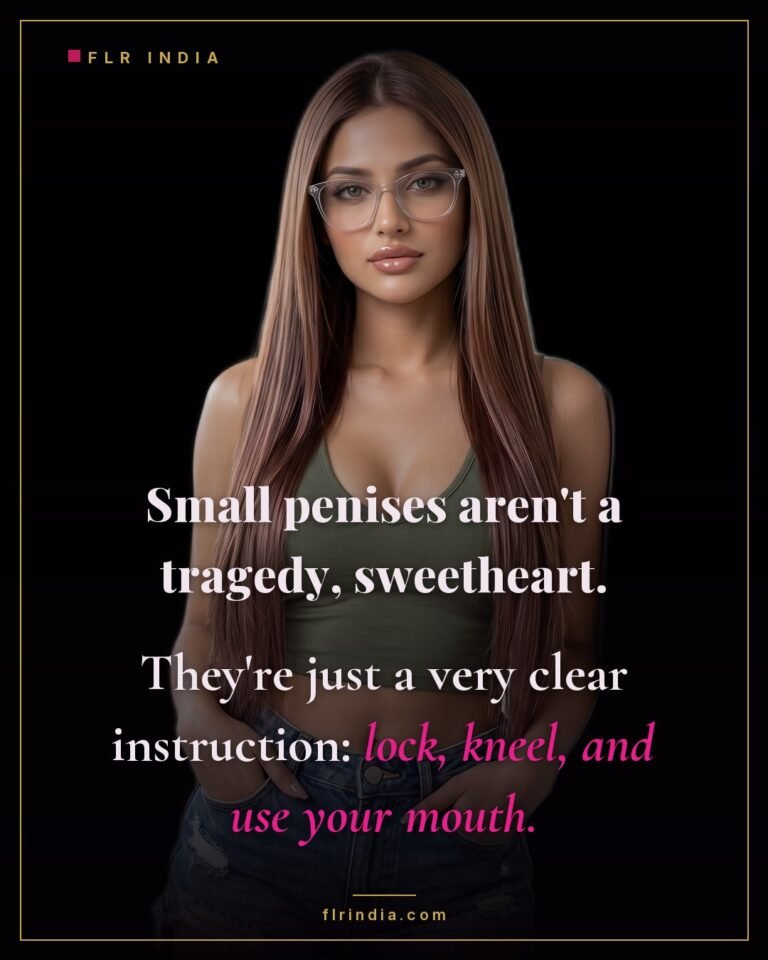 SPH caption — wife reframes a small penis as a clear instruction to be caged and serve orally.