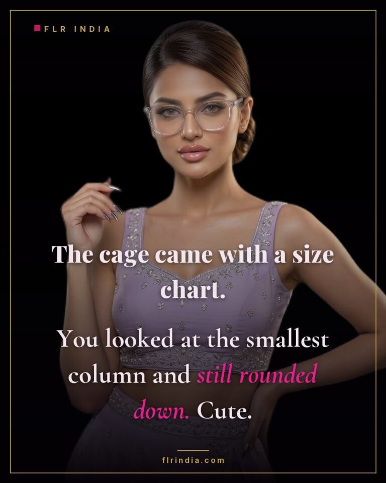 SPH caption — wife teases that her husband needed a size below the smallest cage on the chart.