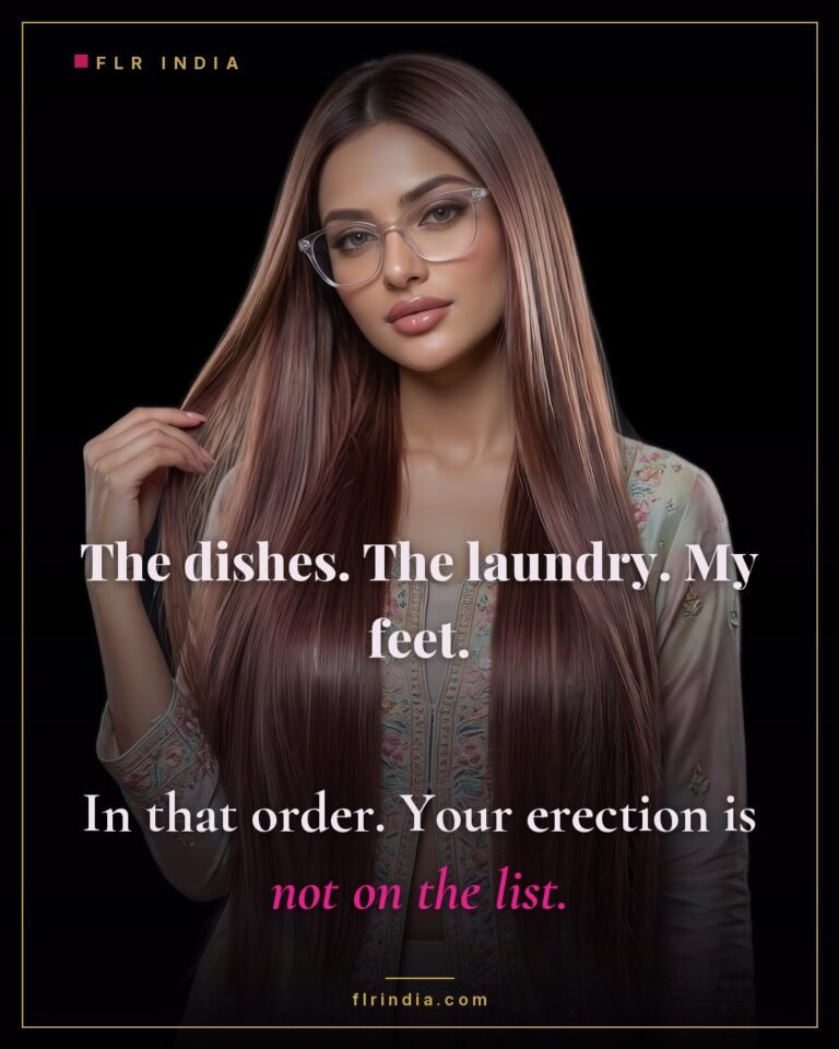 Strict femdom caption — dishes, laundry, her feet, in that order; his erection is not on the list.