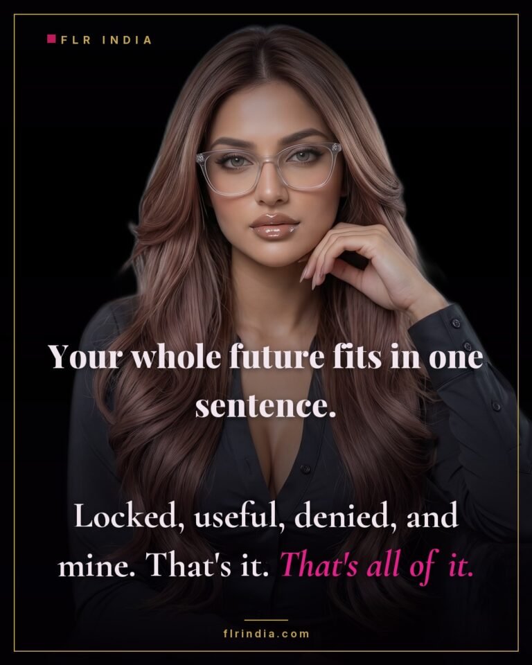 Strict FLR chastity caption — strict wife sums up her husband's whole future: locked, useful, denied, and hers.