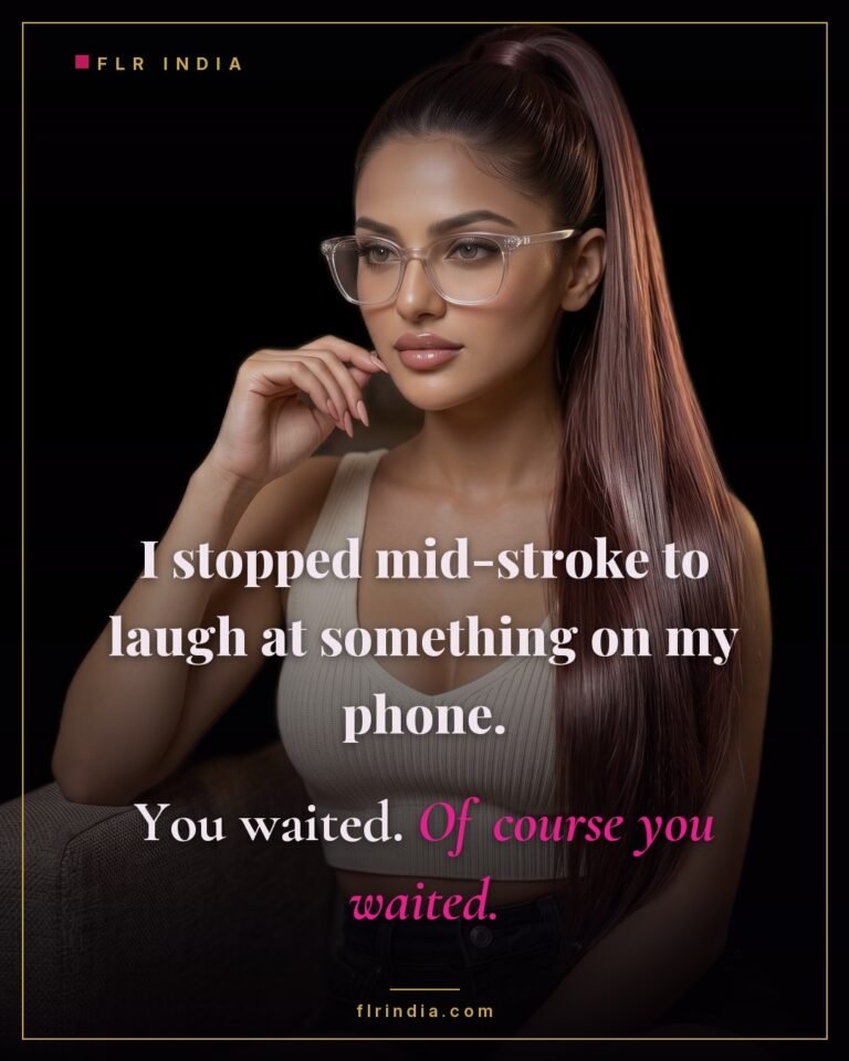 Tease and denial caption — wife stops edging her husband mid-stroke to laugh at her phone; he waits obediently.