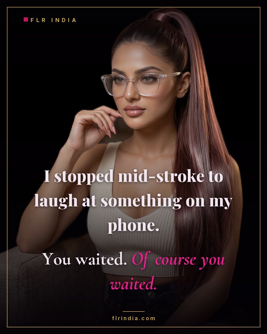 Tease and denial caption — wife stops edging her husband mid-stroke to laugh at her phone; he waits obediently.