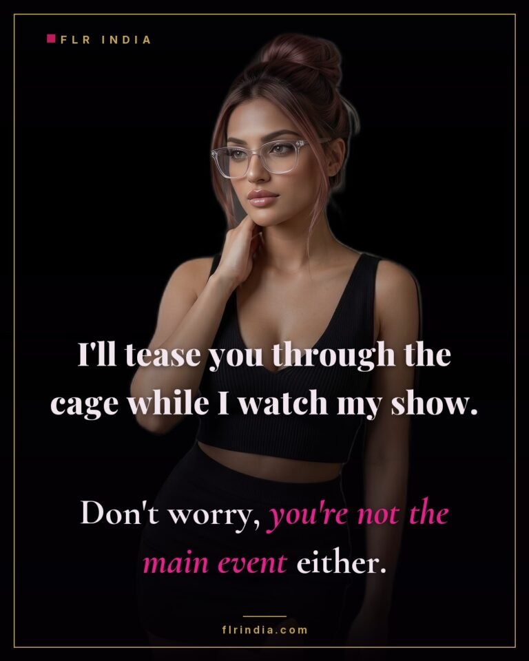 Tease and denial caption — wife teases her caged husband while watching TV; he isn't the main event.