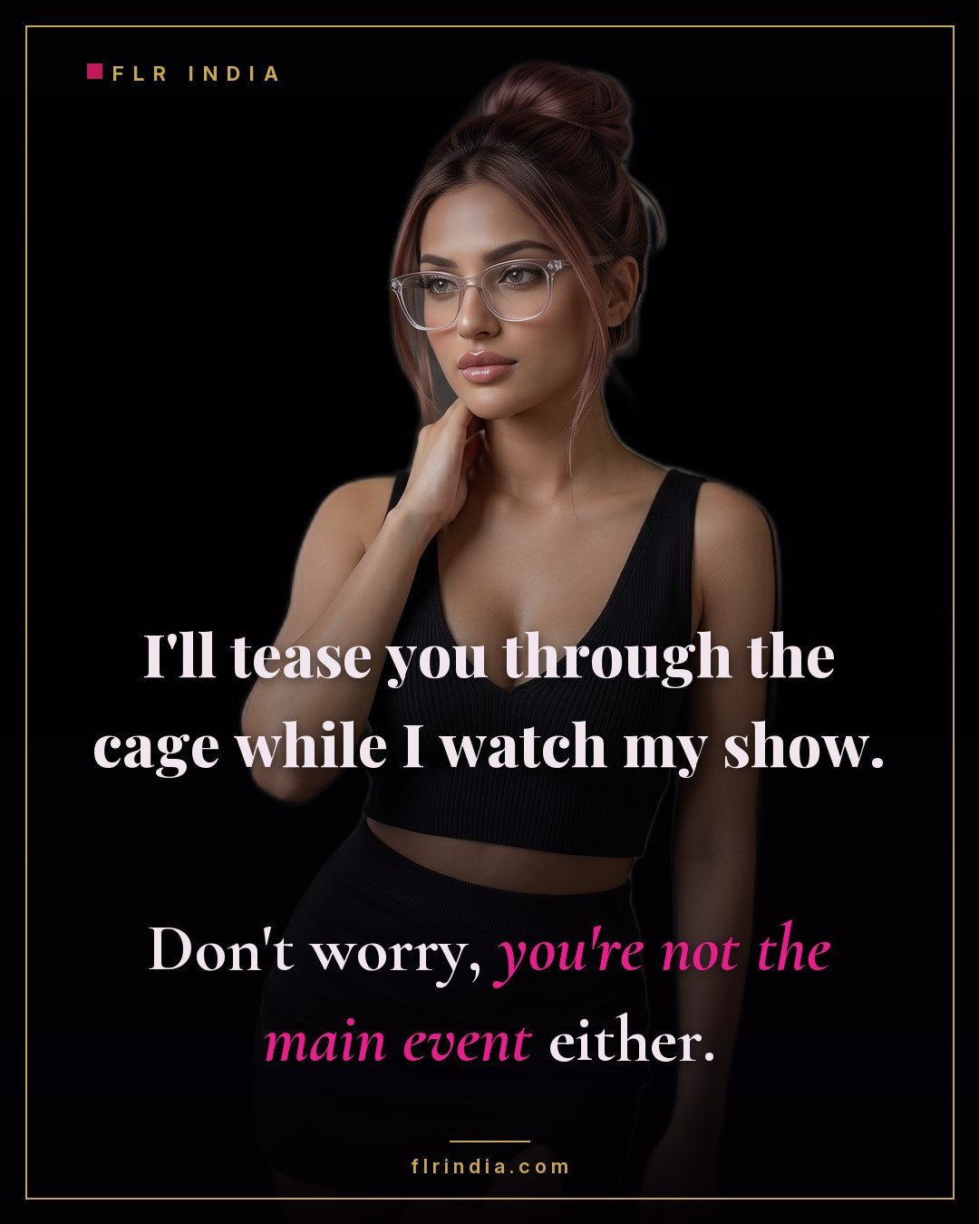 Tease and denial caption — wife teases her caged husband while watching TV; he isn't the main event.