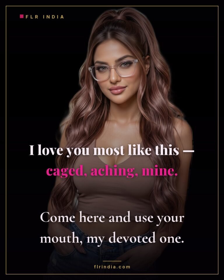 Intimate wife-voice caption — wife tenderly says she loves her husband caged, aching and hers.