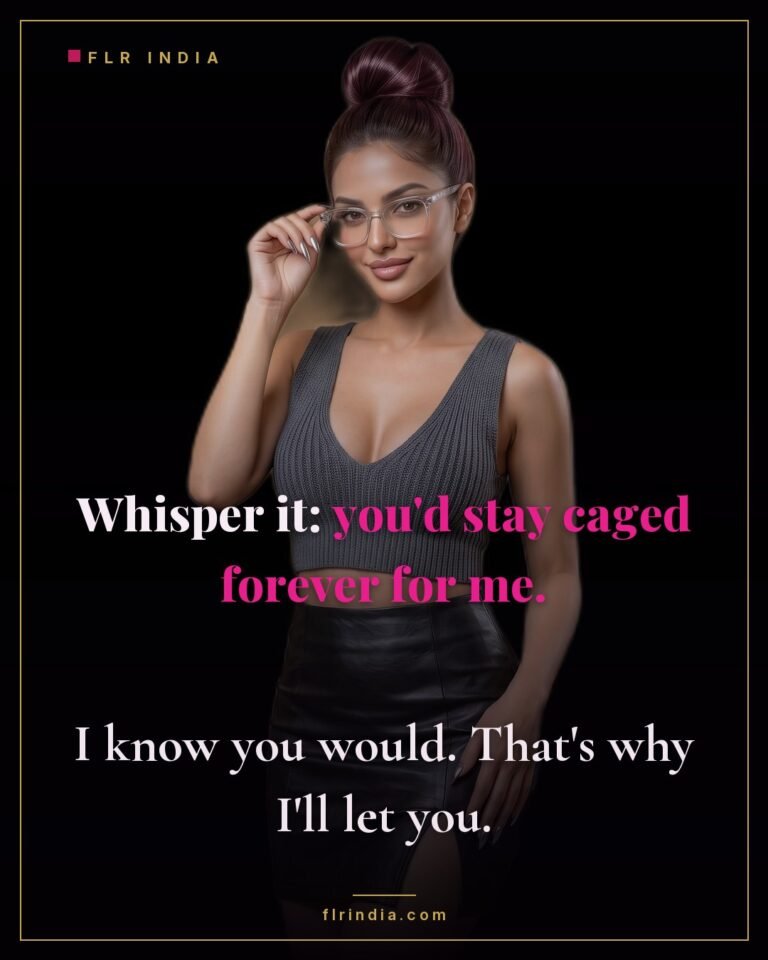 Intimate wife-voice caption — wife coaxes her husband to vow he'd stay caged forever for her.