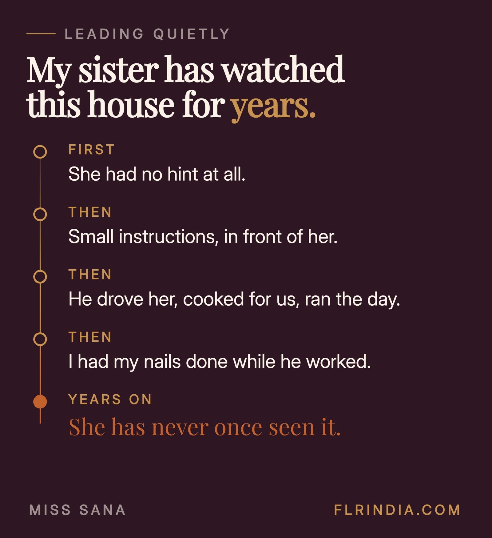 Timeline of how an FLR was gradually revealed to a visiting sister without ever being named