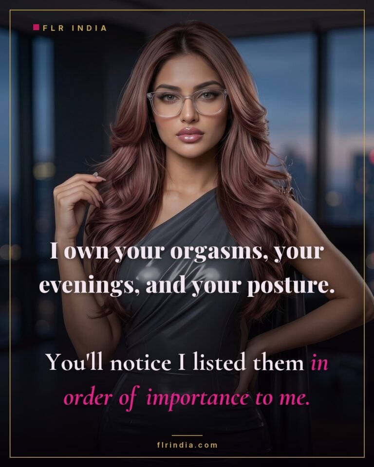 Femdom chastity caption — she owns his orgasms, his evenings and his posture.