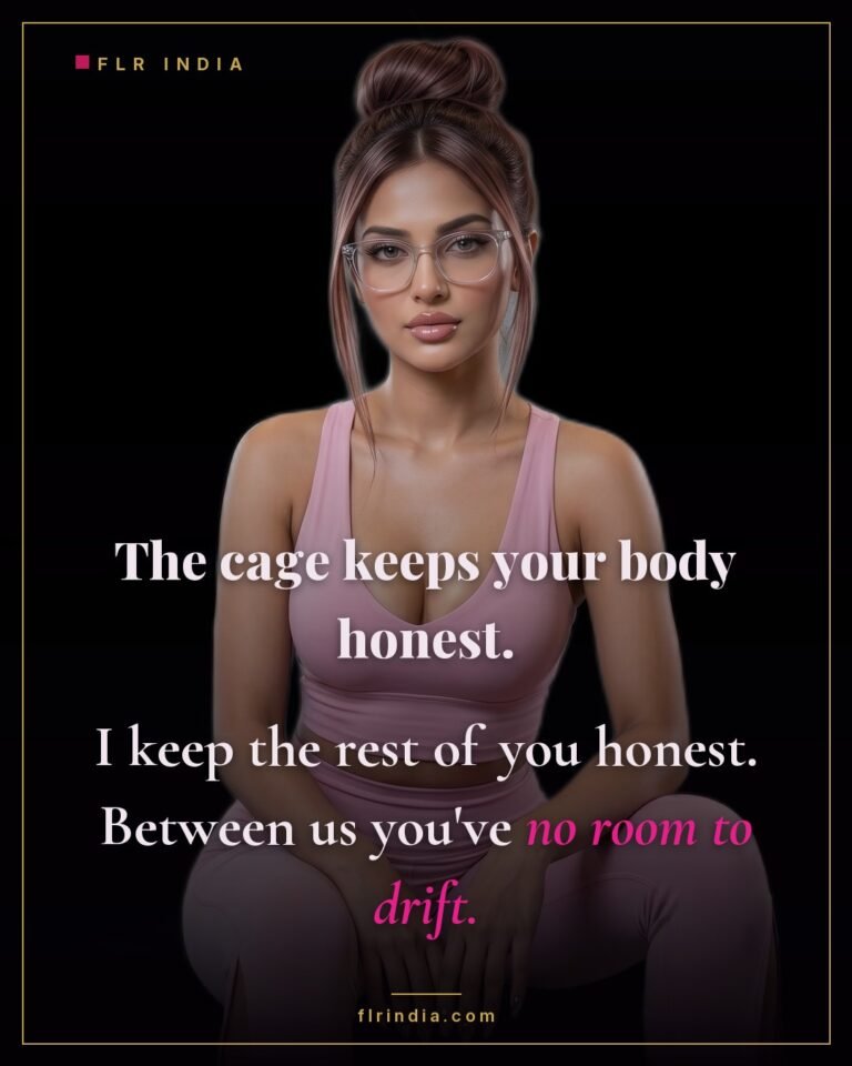Femdom chastity caption — the cage and her attention together keep him honest.
