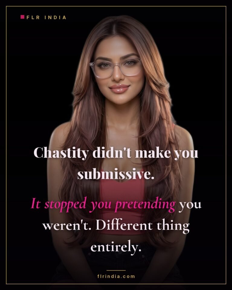 Femdom chastity caption — the cage revealed his submission rather than creating it.