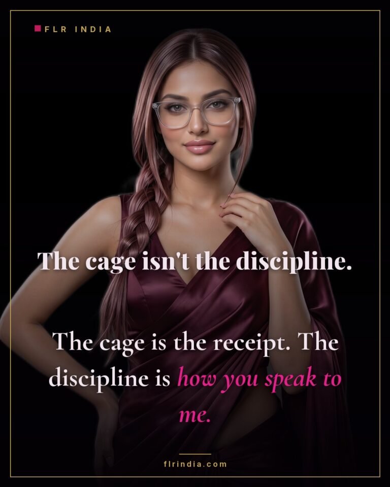 Femdom chastity caption — the cage only proves a discipline that lives in his manners.