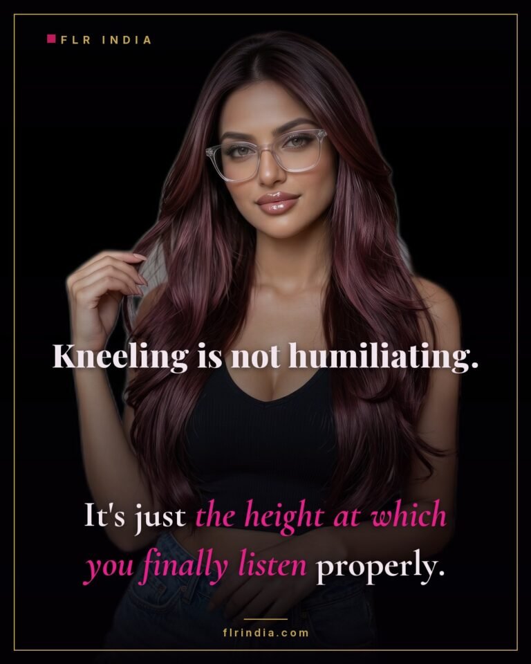 Femdom caption — kneeling is reframed as the position where he listens.