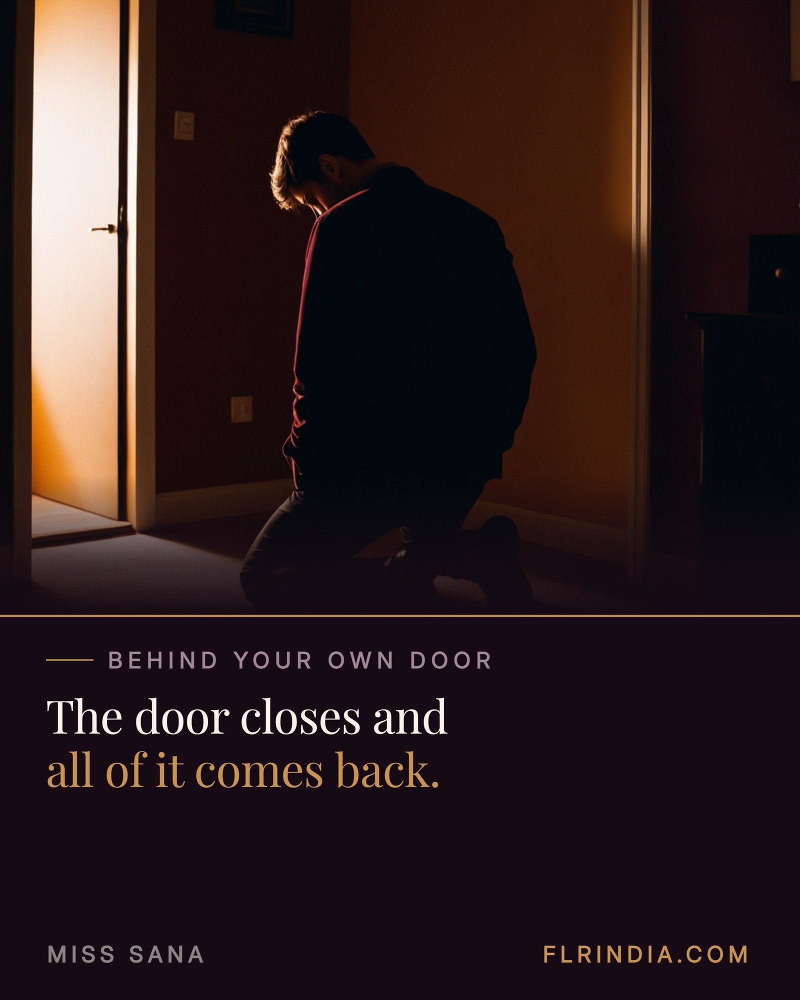 Submissive husband kneeling in a lit doorway, showing what returns behind closed doors in an FLR