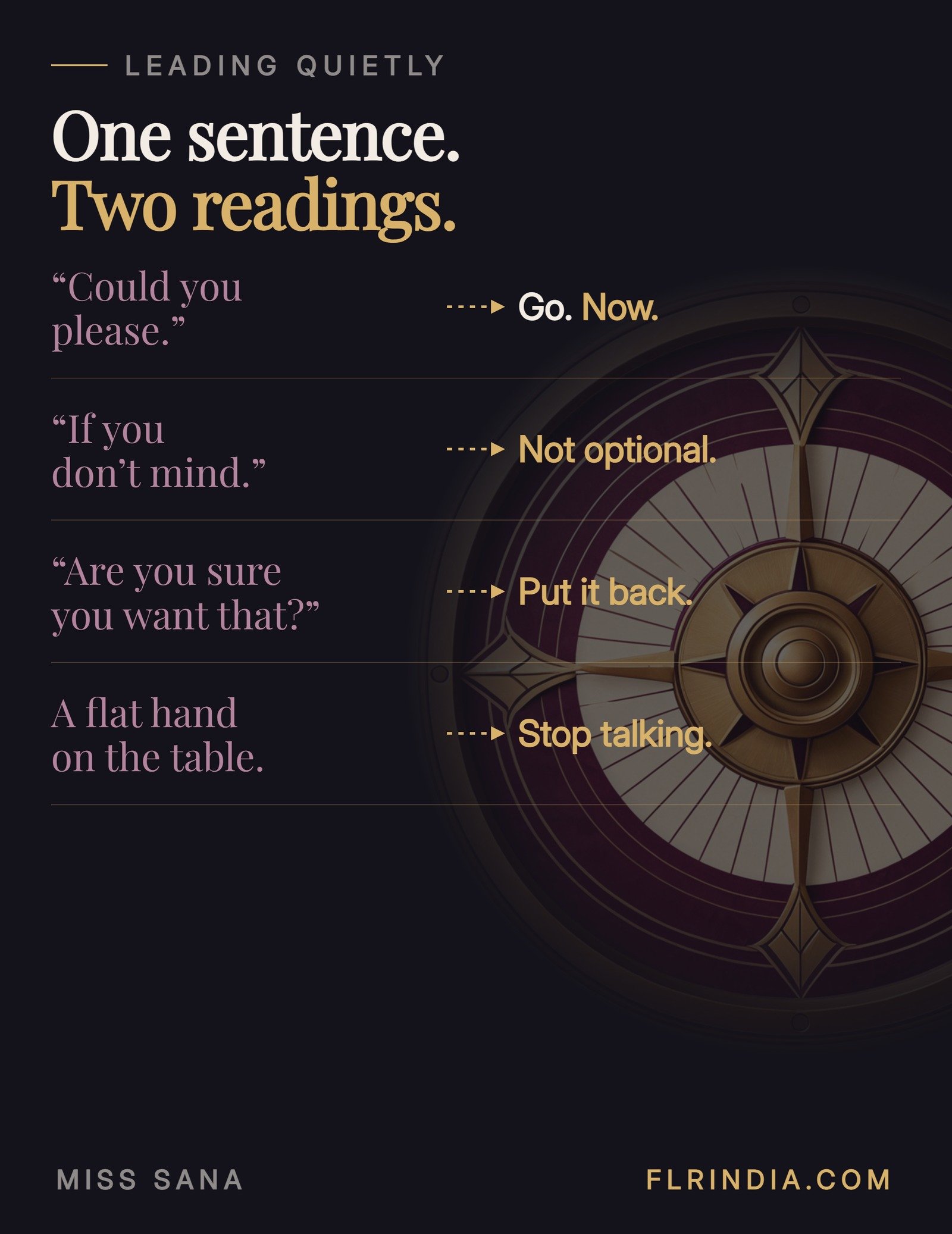 Decoder chart pairing polite phrases with the orders they carry in a discreet female led relationship