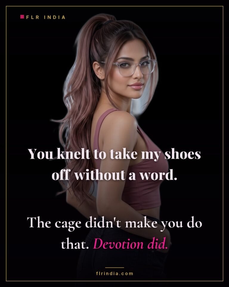 Good boy caption — wife says devotion, not the chastity cage, makes her husband kneel.