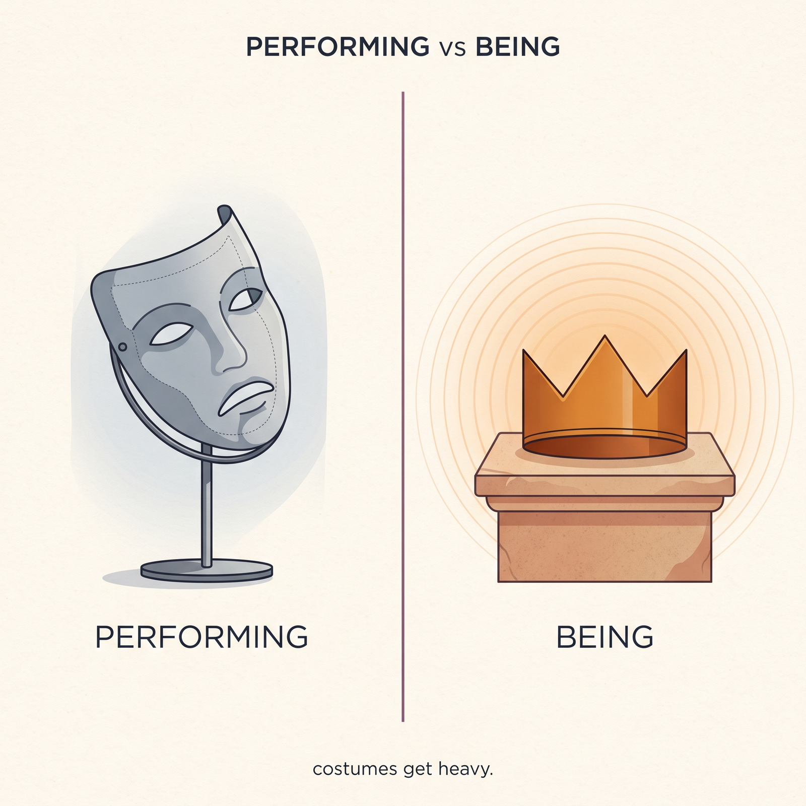 Concept illustration contrasting a hollow theatrical mask labelled performing with a crown resting on stone labelled being