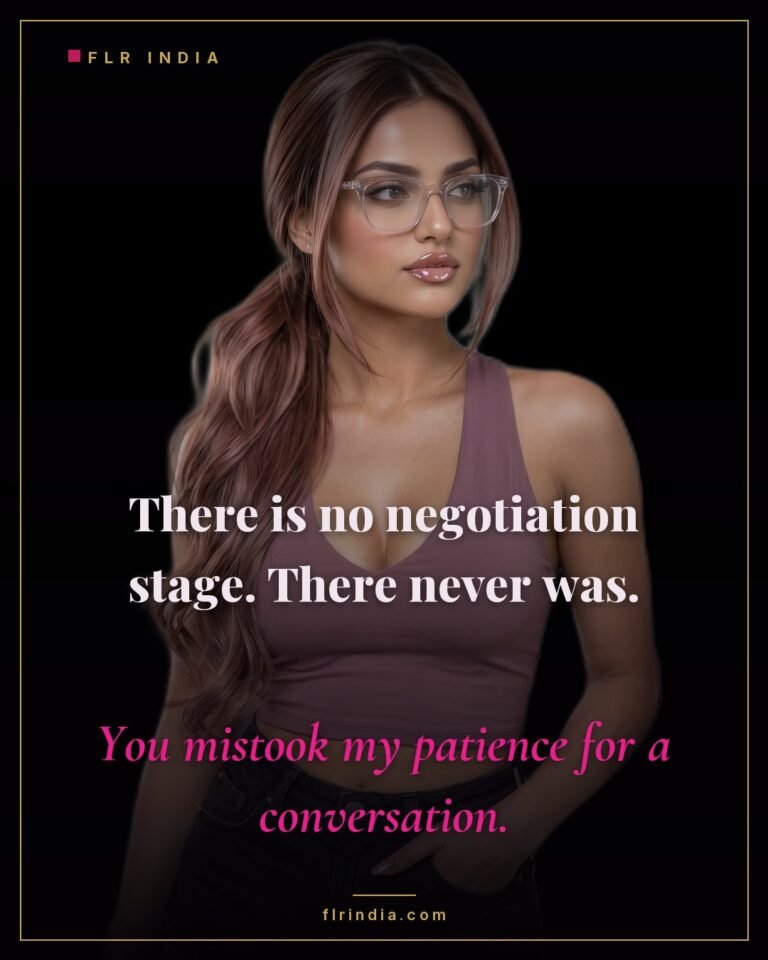Strict FLR caption — there was never a negotiation, only her patience.