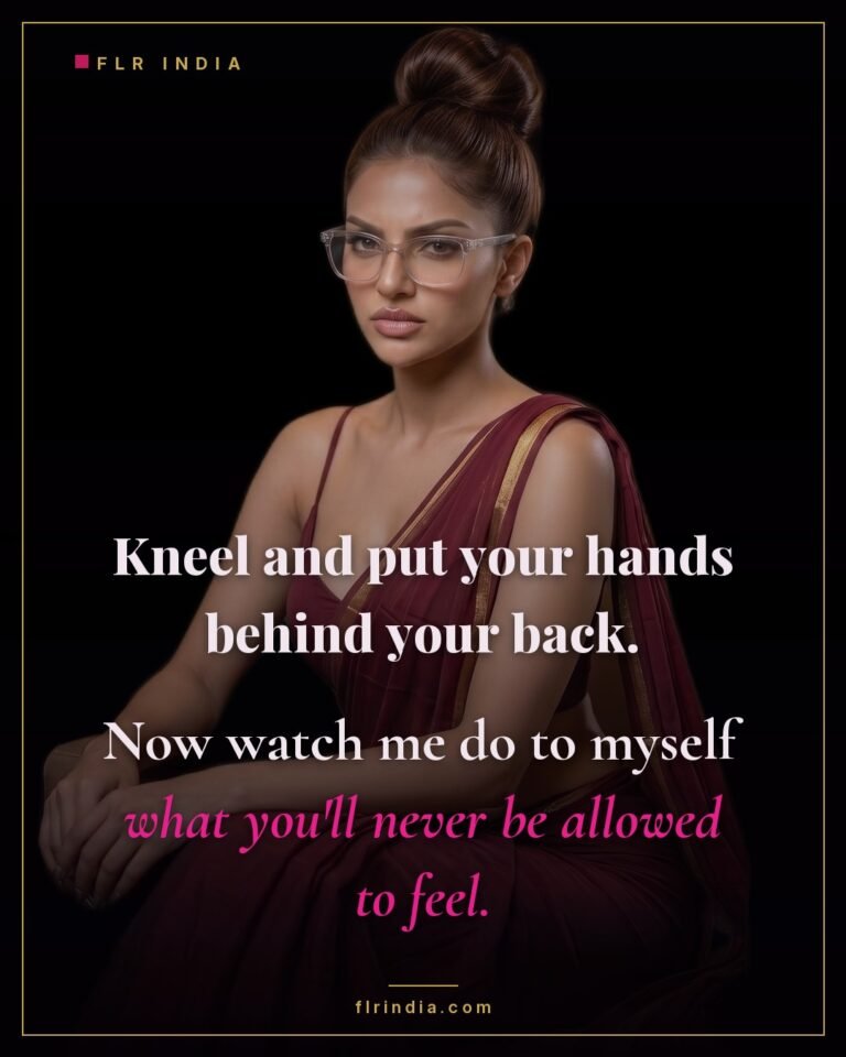 Tease and denial caption — he kneels and watches her finish without him.
