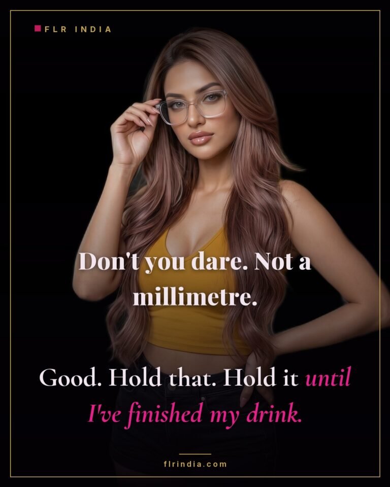 Tease and denial caption — she holds him frozen on the edge while she finishes a drink.