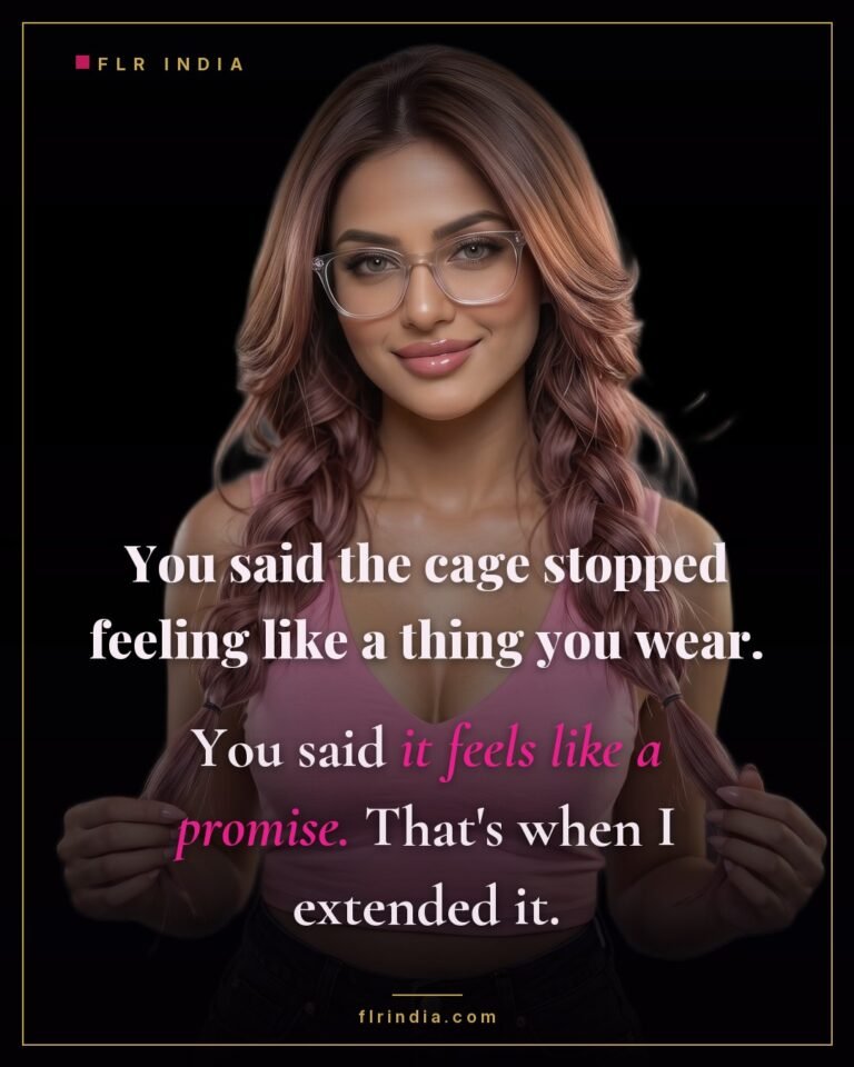 Intimate wife-voice caption — he calls the cage a promise and she extends his lock.