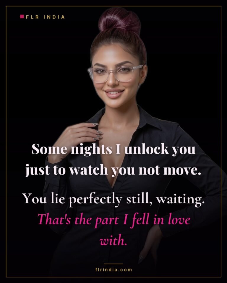 Intimate wife-voice caption — unlocked and still, he waits without touching himself.