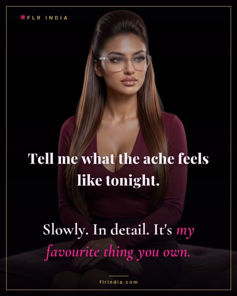 Intimate wife-voice caption — she asks her denied husband to describe the ache.