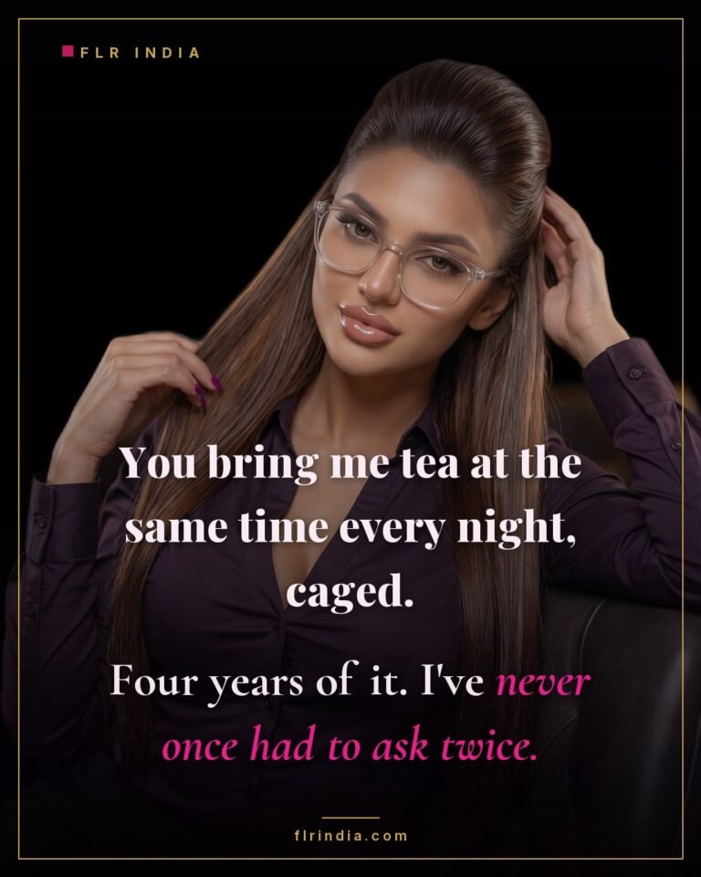 Intimate wife-voice caption — four years of nightly service without ever being asked twice.