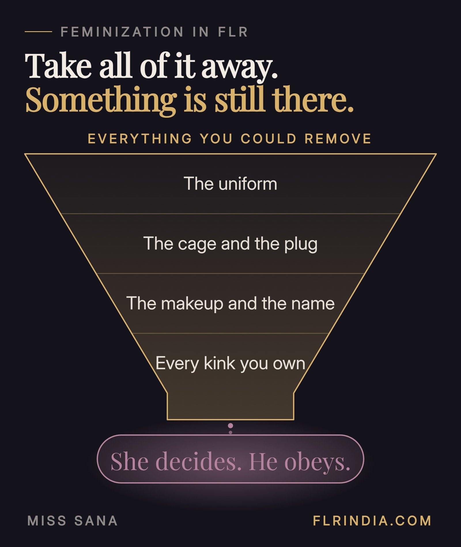Funnel diagram showing the uniform, cage, makeup and every other kink stripped away from an FLR, leaving her authority and his obedience