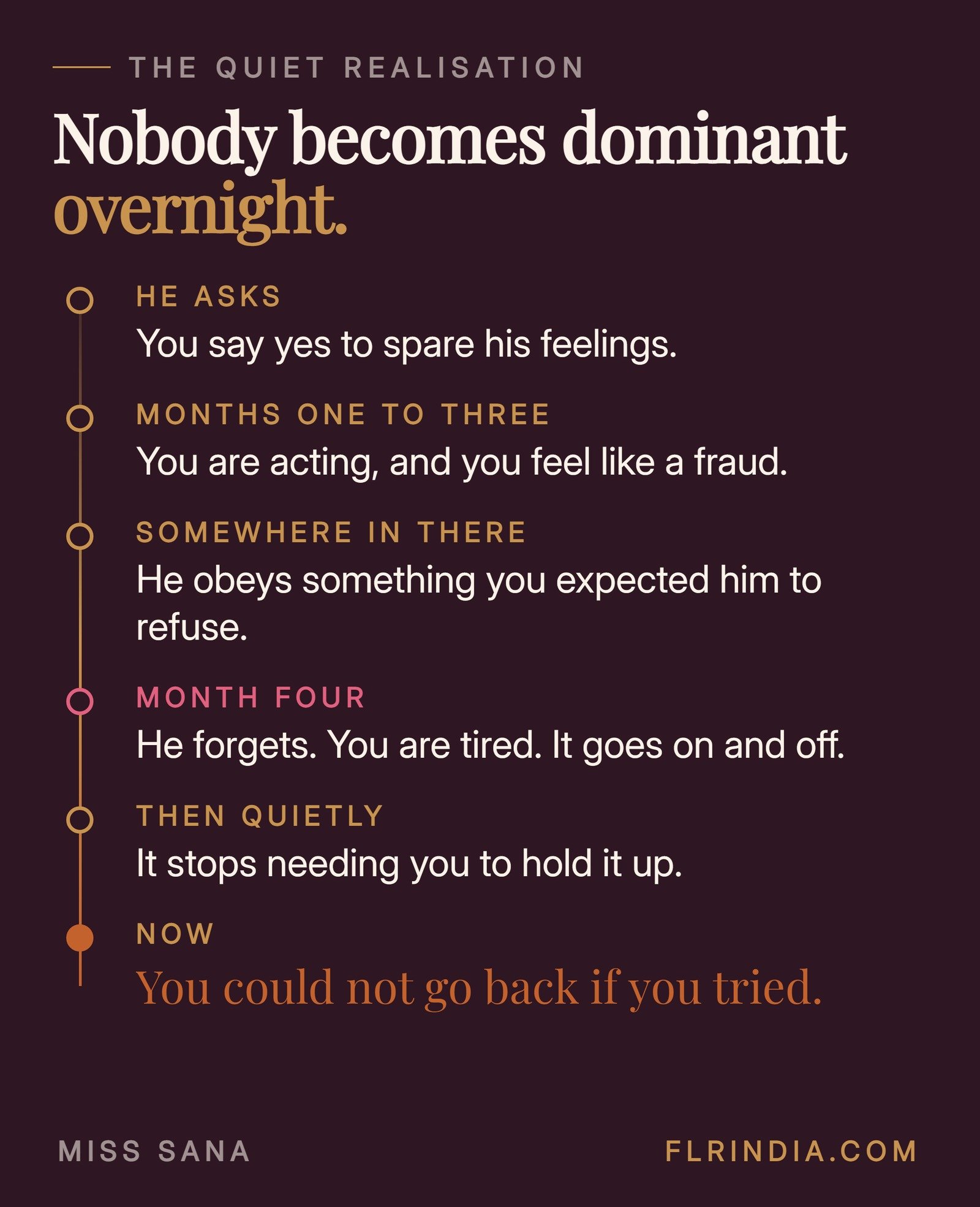 Timeline of a female led relationship from a hesitant yes, through months of acting and a slump around month four, to a settled dynamic the wife would not give up