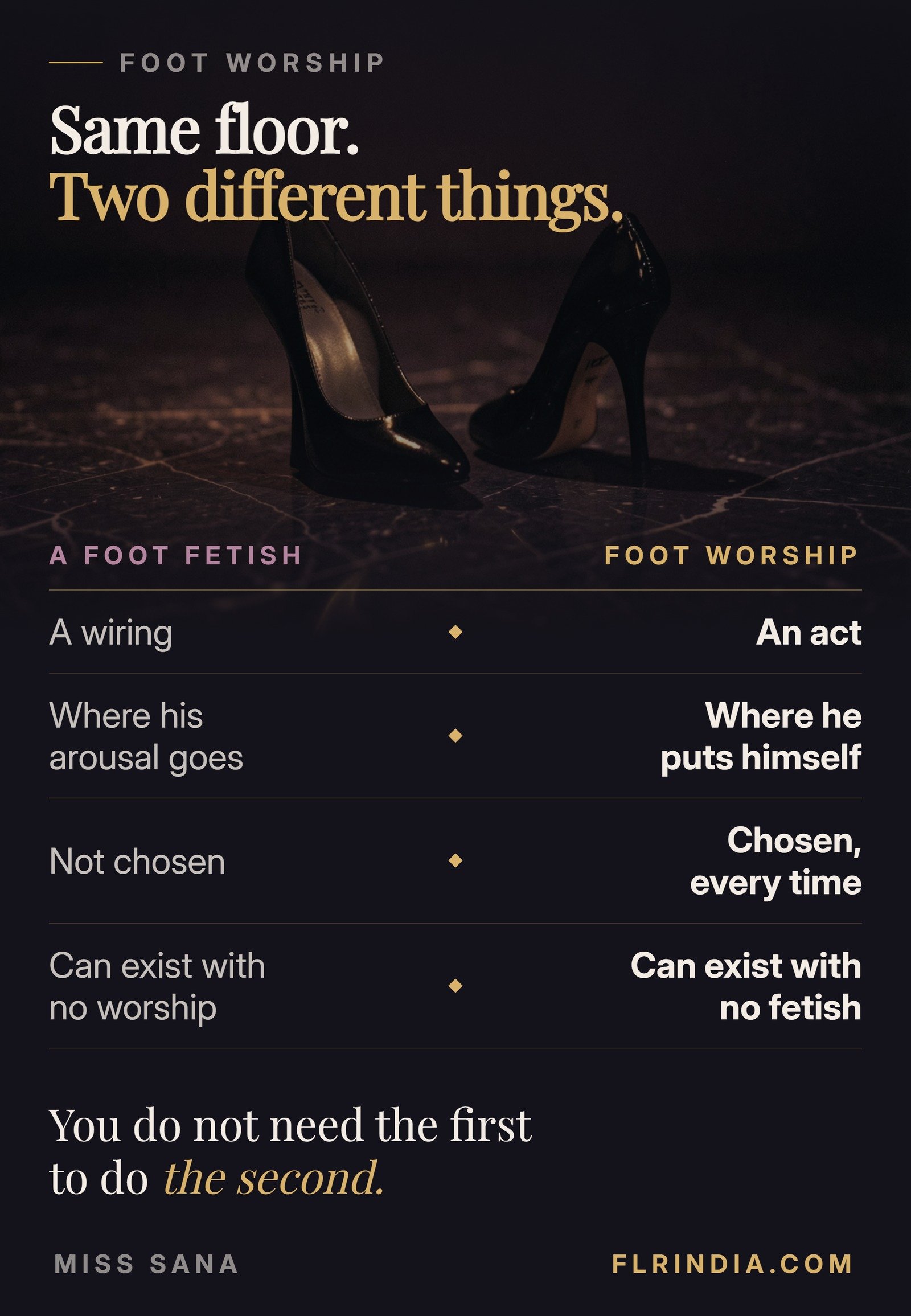 Comparison of a foot fetish and foot worship: a fetish is a wiring, where his arousal goes, not chosen, and can exist with no worship; worship is an act, where he puts himself, chosen every time, and can exist with no fetish
