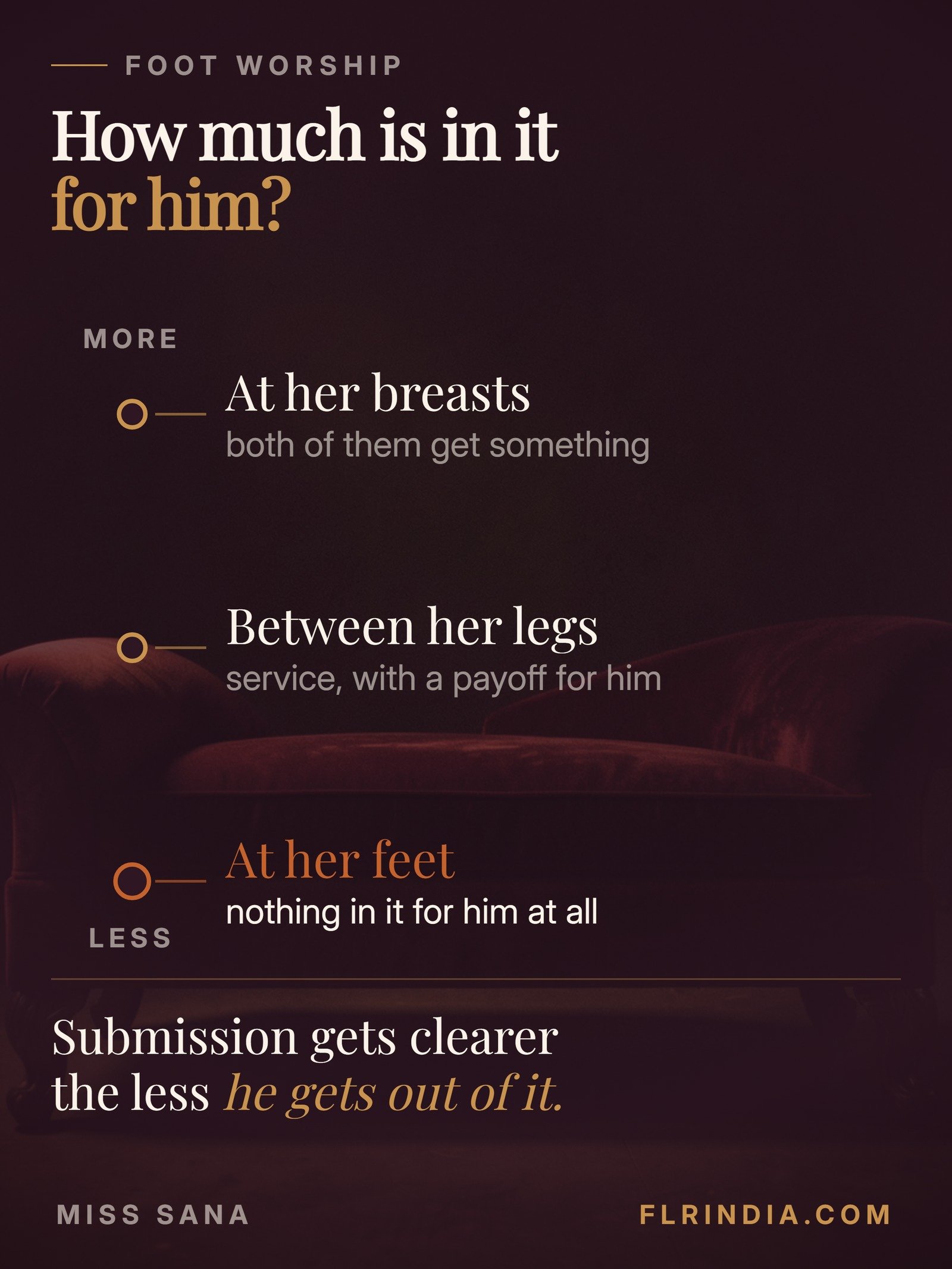 Vertical scale of how much a man gets from different acts of service: at her breasts both get something, between her legs there is a payoff for him, at her feet there is nothing in it for him at all