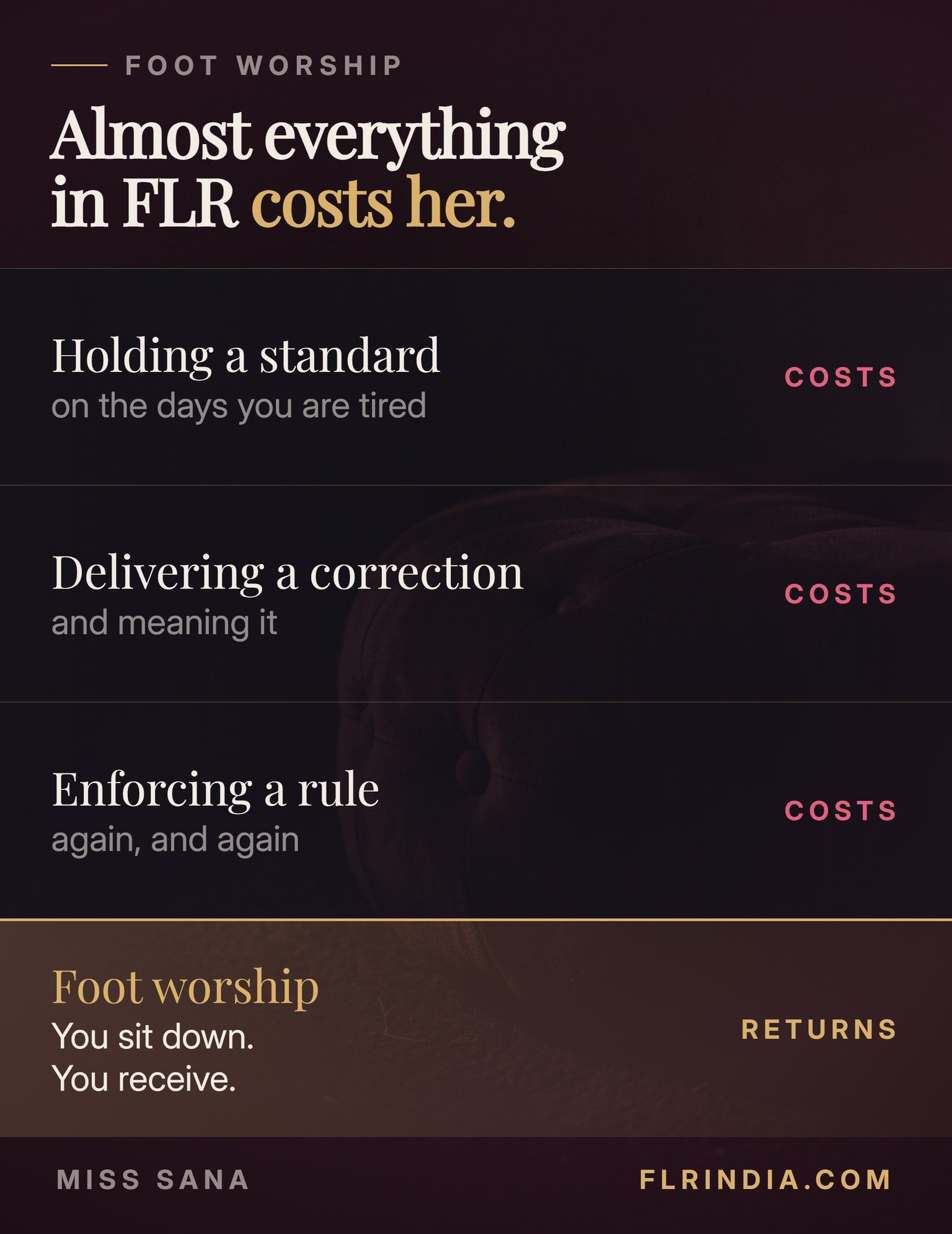 Four bands showing that holding a standard, delivering a correction and enforcing a rule all cost a dominant woman energy, while foot worship returns it: she sits down and receives