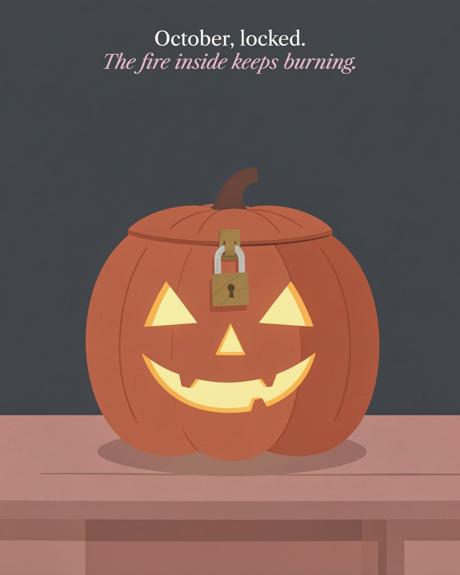 Illustration of a glowing jack-o'-lantern with its lid padlocked shut, with the line: October, locked. The fire inside keeps burning.
