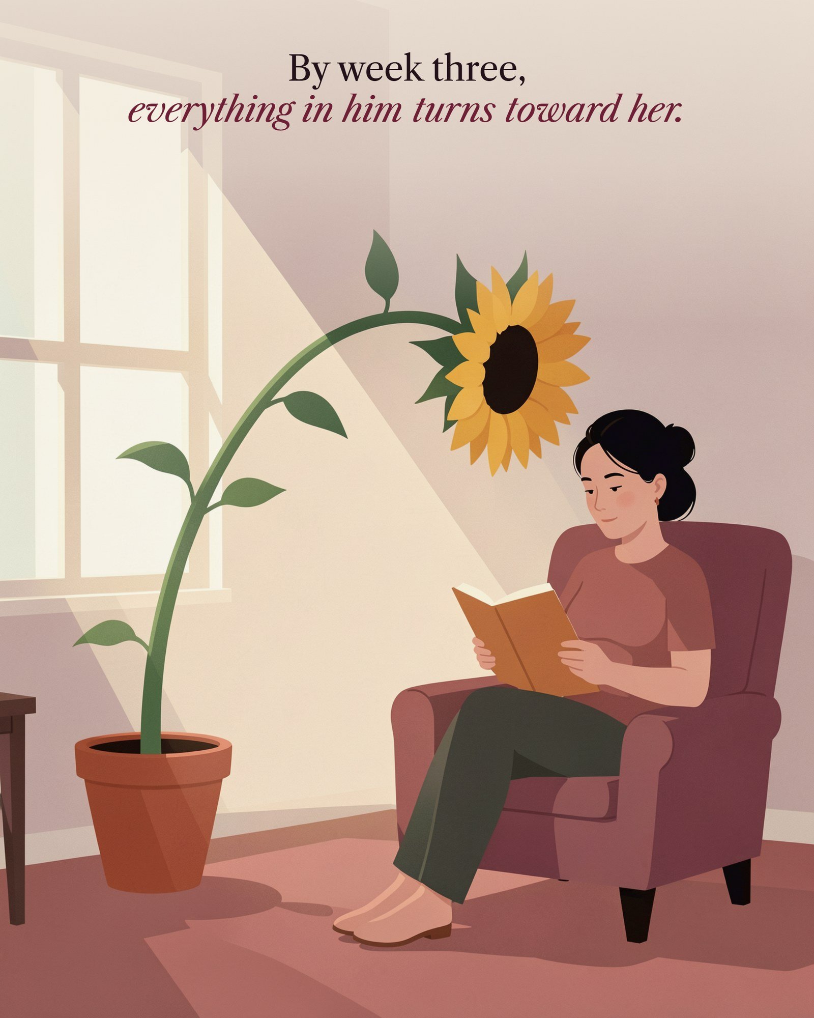 Illustration of a sunflower arching away from a sunny window toward a woman reading, with the line: By week three, everything in him turns toward her.