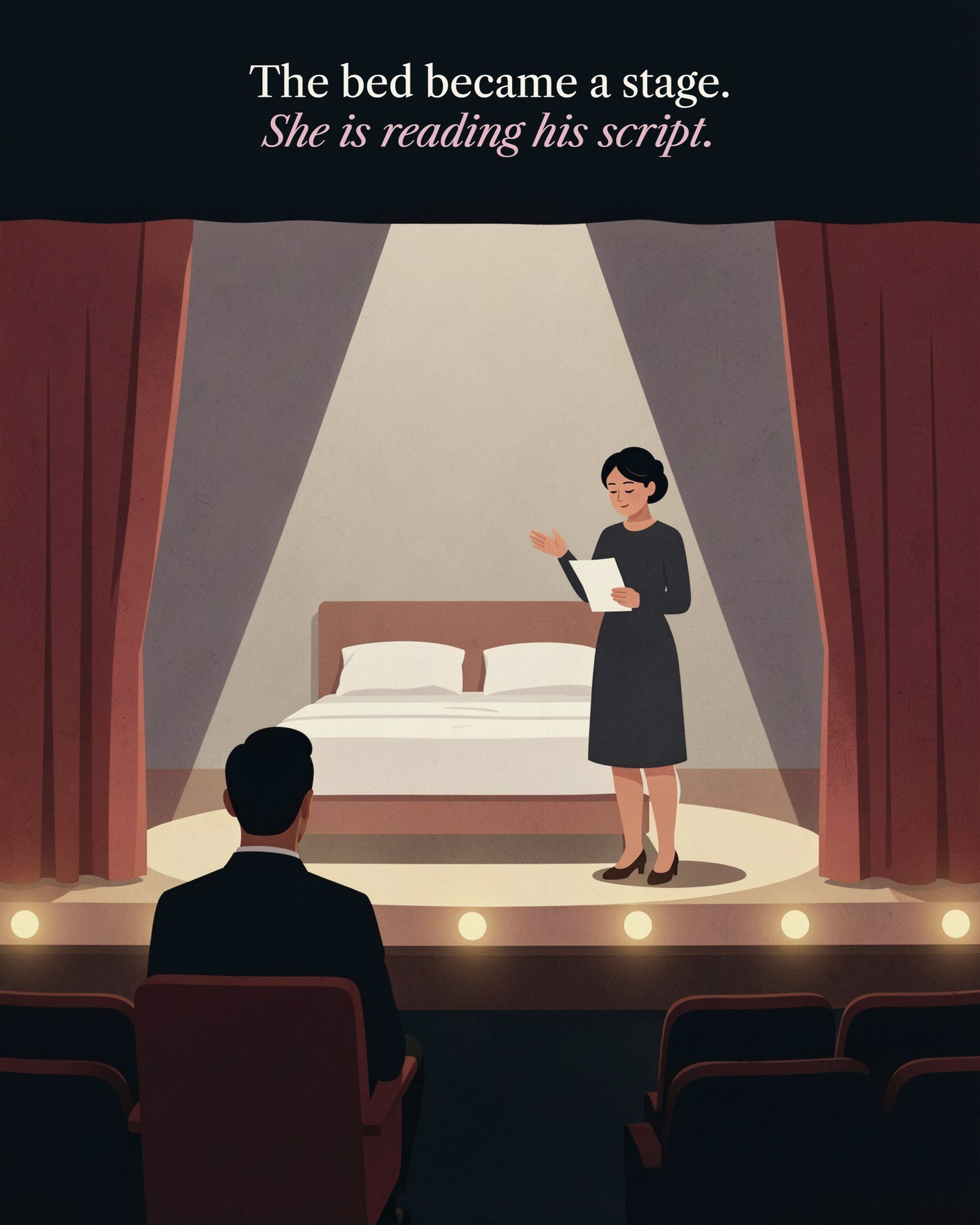 Illustration of a double bed on a theatre stage where a woman reads from pages to one man in the audience, with the line: The bed became a stage. She is reading his script.