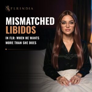 Mismatched libidos in FLR: Miss Sana sitting up in bed at night in black silk pyjamas, calm and unhurried.