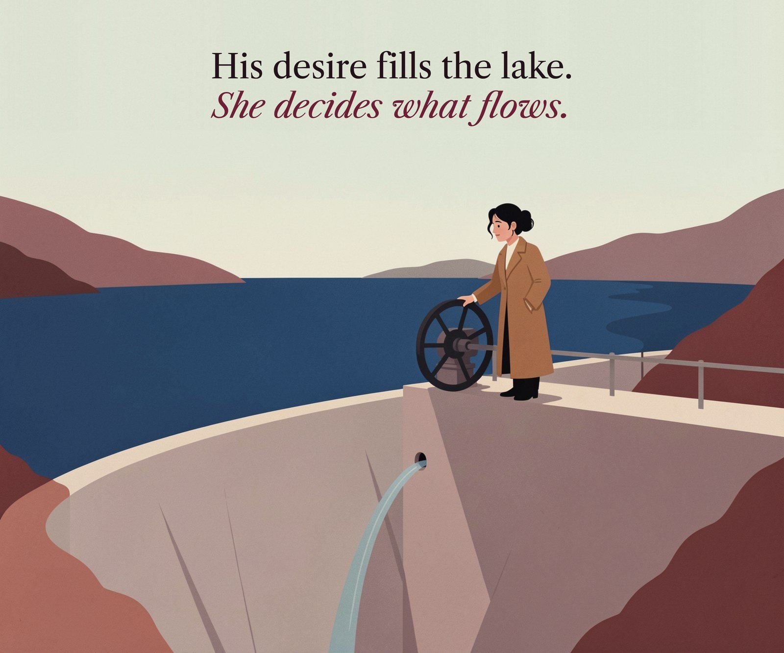 Illustration of mismatched libidos as a dam: a woman with her hand on the valve wheel of a brimming lake, with the line: His desire fills the lake. She decides what flows.