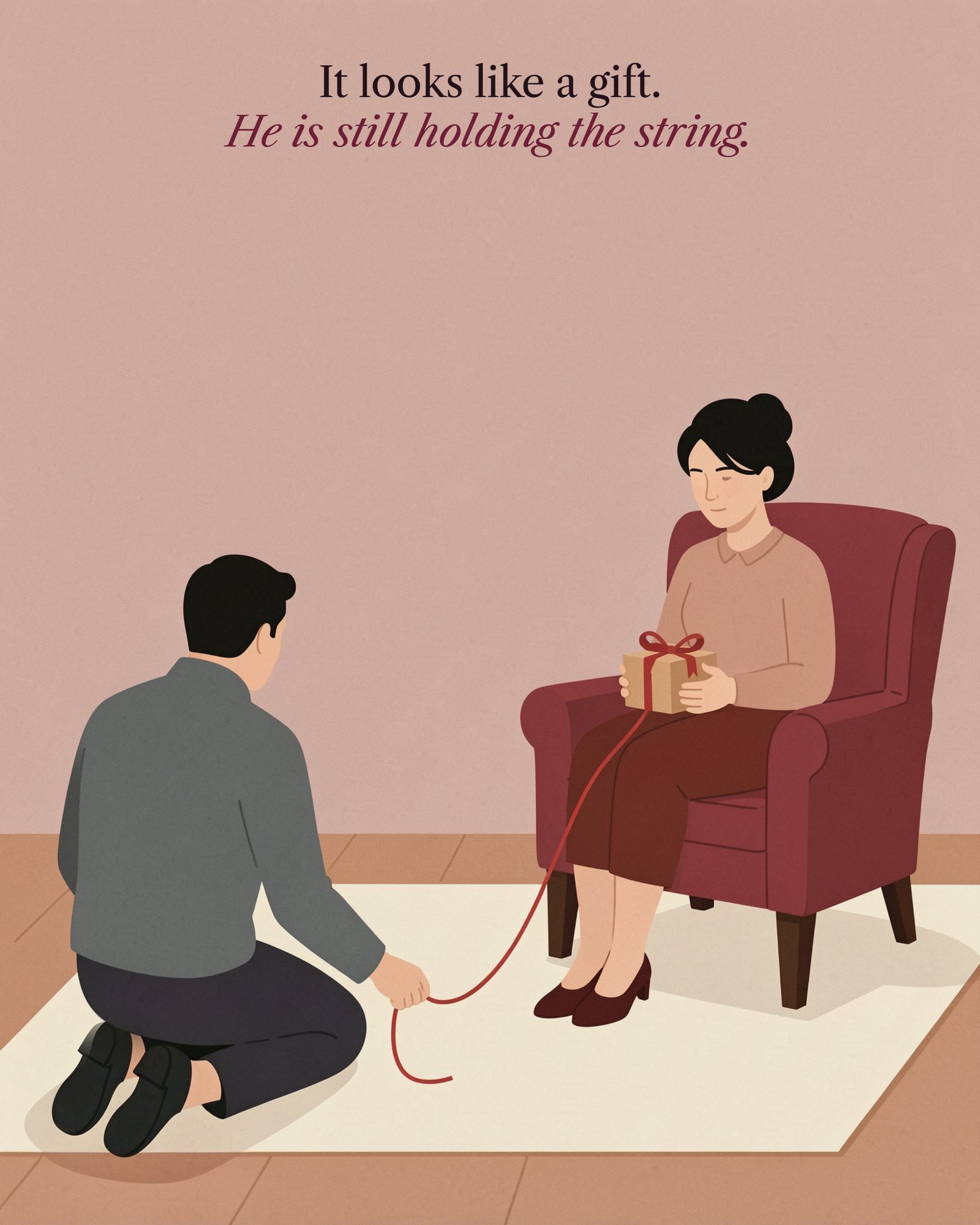 Illustration of a woman holding a gift whose red string runs to the kneeling man's hand, with the line: It looks like a gift. He is still holding the string.