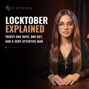 Locktober keyholder: Miss Sana at her desk at night, wearing a large antique brass key on a gold chain.